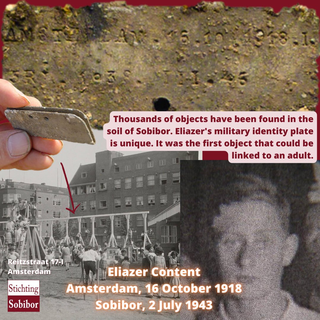 24.06.1943 | #veteranendag Eliazer Content's military ID tag was found during archaeological excavations at #Sobibor. Eliazer joined the army in 1937 and served until after the capulation in May 1940. He lived in Amsterdam en served in the 5th Infantary Regiment. 👇🏼/1