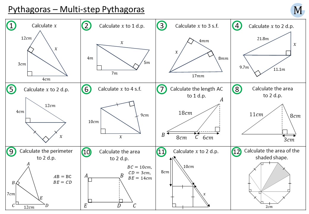 A worksheet focused on solving multi-step Pythagoras problems.