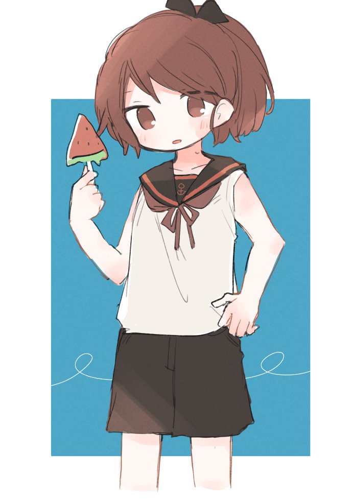 shikinami (kancolle) 1girl watermelon bar food solo brown hair sailor collar popsicle  illustration images