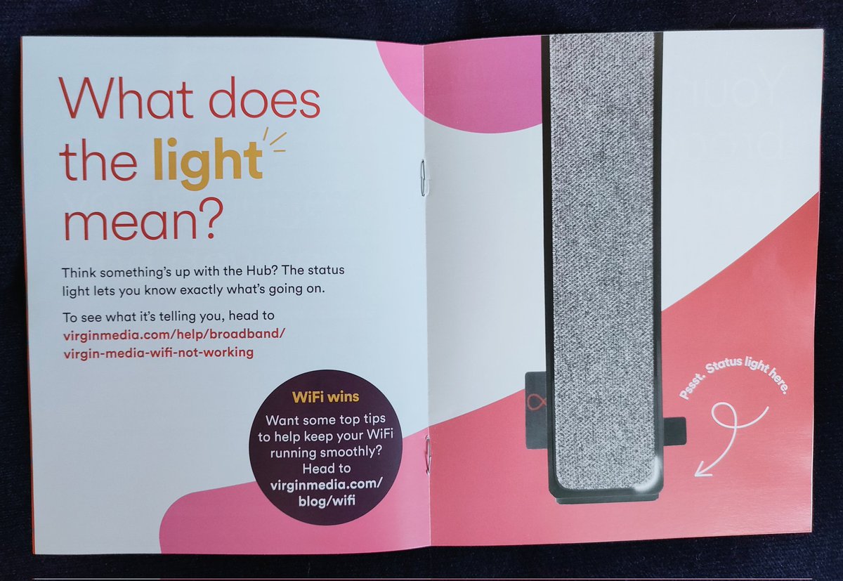 Hey <a href="/virginmedia/">Virgin Media ❤️</a> if you're going to go to the trouble of including a double page spread in your booklet about what the lights mean on our hub, why not just tell us what the lights mean instead of printing an internet link? It would be so much more helpful.