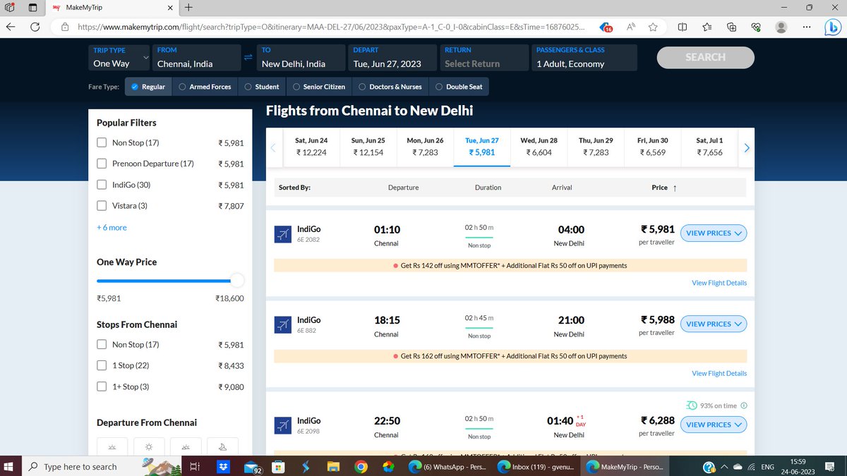 gvenugopal's tweet photo. @PChidambaram_IN What is the fuss about. I check and look at this. You have flights at 5-6K when you book a day later. BTW, do you recall rates between 2010 and 2014... You probably travelled at taxpayers money and did not know the rates then https://t.co/6o33K2v70D