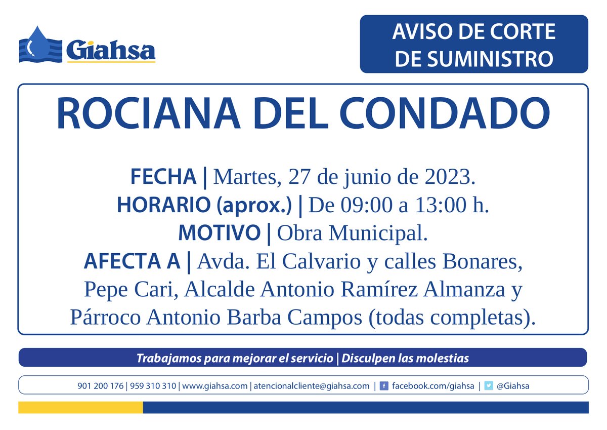 ayto_rociana's tweet photo. 💦 Aviso de Corte de Suministro 💦

👉 Martes 27 de Junio
👉 De 9:00 h. a 13:00 h. Aproximadamente.
👉 Afecta a: Avda. Calvario, Bonares, Pepe Cari, Alcalde Antonio Ramírez Almanza y Párroco Antonio Barba Campos

#Giahsa
#Ayuntamiento 
#Rociana 
#ATuServicio https://t.co/L2qPPbHaSO