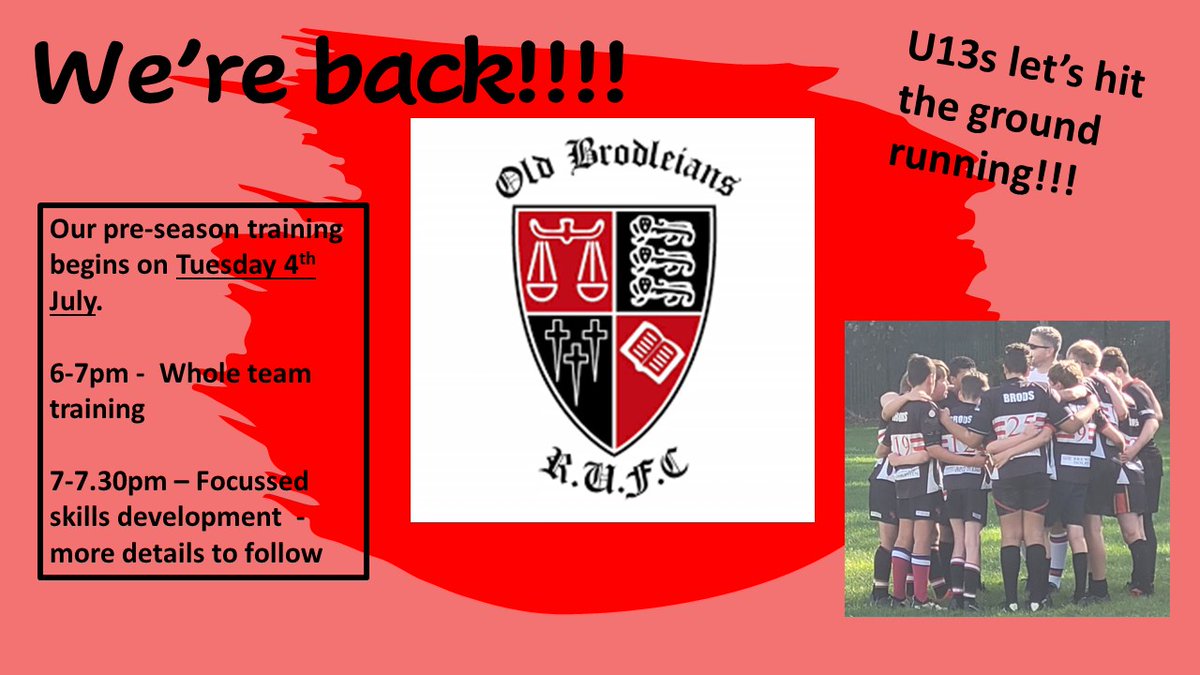 YEAR 7s We're back!! Our summer training is free of charge, so come and have a go if you're interested in rugby! Boots, gum shield and a parent/carer are a must! @OldBrodleians @BrighouseHighPE @RastrickSports @LightcliffePE @AppletonAcademy @ASCHC_COLLEGE @wms_pe @HipperholmeGS