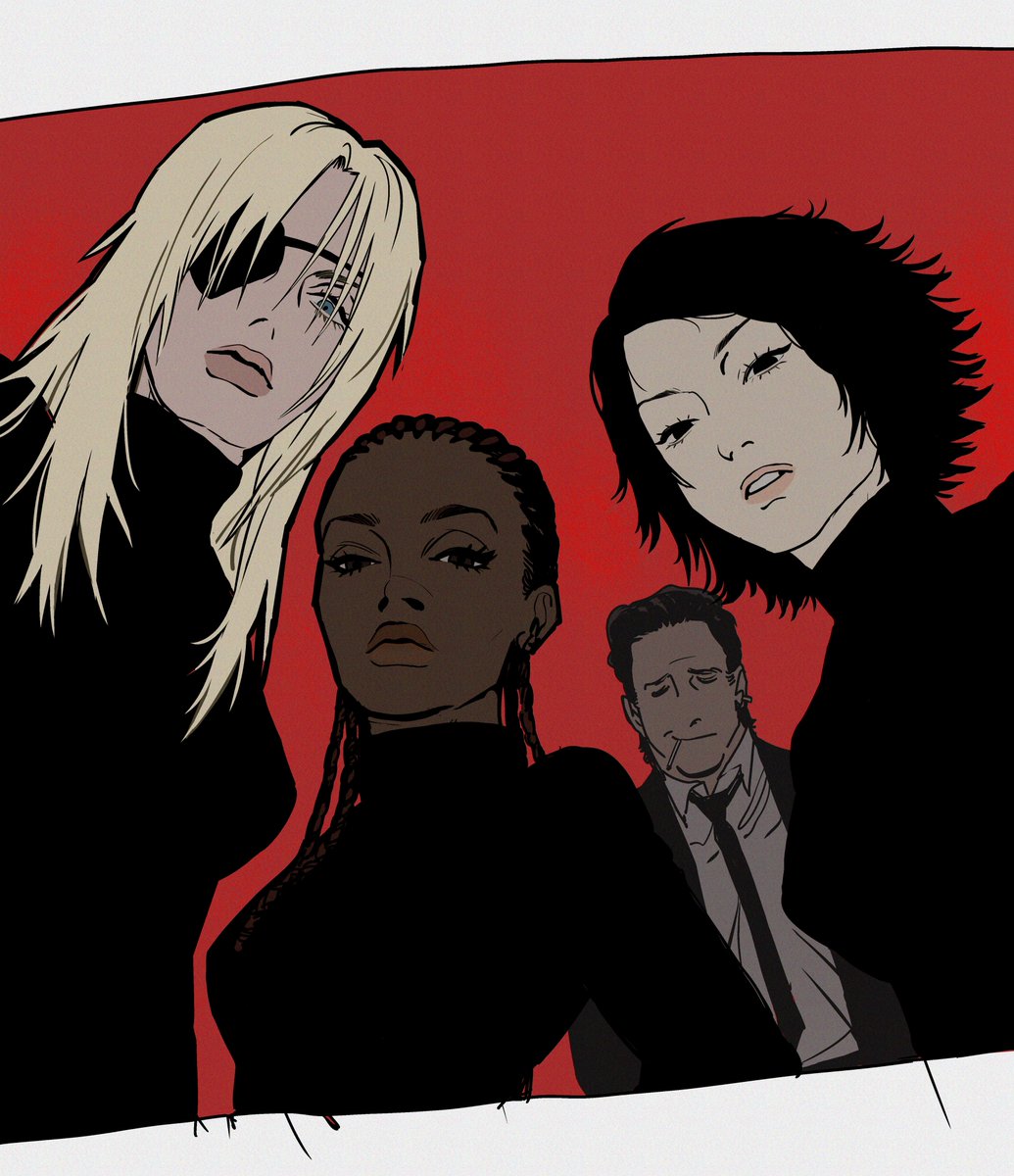 multiple girls eyepatch 3girls dark skin cigarette necktie black hair  illustration images