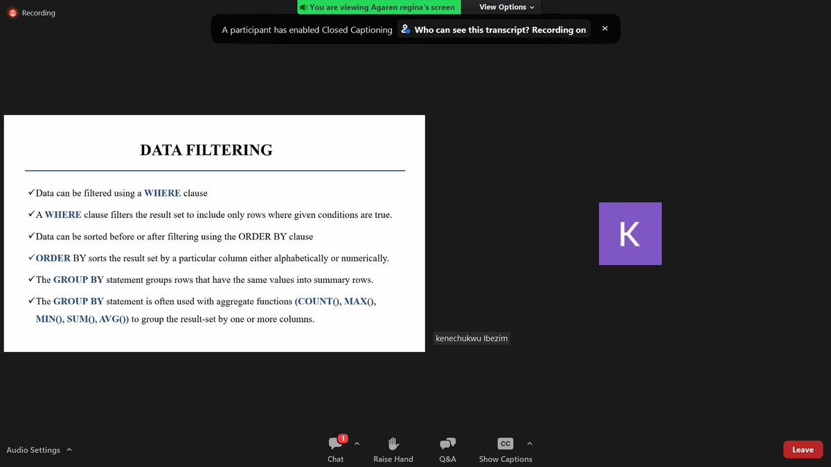 Le_genie05's tweet image. We are live with our facilitator for today @kenejane, here is a sneak peak into the exciting session. Yesterday was awesome with @AlozieIjeoma. Today, it just got better! if you are not here,you are definitely missing out on something! 
#dataanalysis #sqlfundamentals @Tech4DevHQ