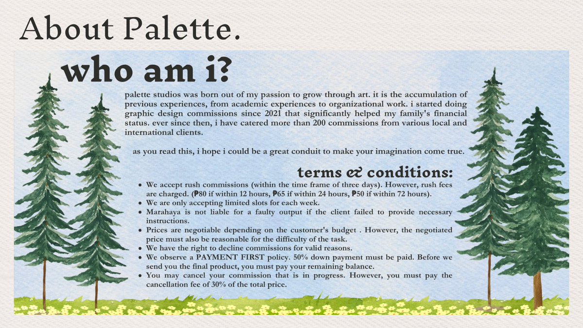 _palettestudio's tweet photo. ✎ 𝐩𝐚𝐥𝐞𝐭𝐭𝐞: 𝐦𝐚𝐤𝐢𝐧𝐠 𝐲𝐨𝐮𝐫 𝐢𝐦𝐚𝐠𝐢𝐧𝐚𝐭𝐢𝐨𝐧 𝐜𝐨𝐦𝐞 𝐭𝐫𝐮𝐞 . . .
🎨 — ❝ palette was born out of my passion to grow through art. check ↡ to know more. ❞
𝘯𝘰𝘵𝘦𝘴 ☁︎
samples: #PaletteWorks | #MarahayaWorks
feedback: #NotesToPalette | #NotesToMarahaya https://t.co/liwTQlD58l