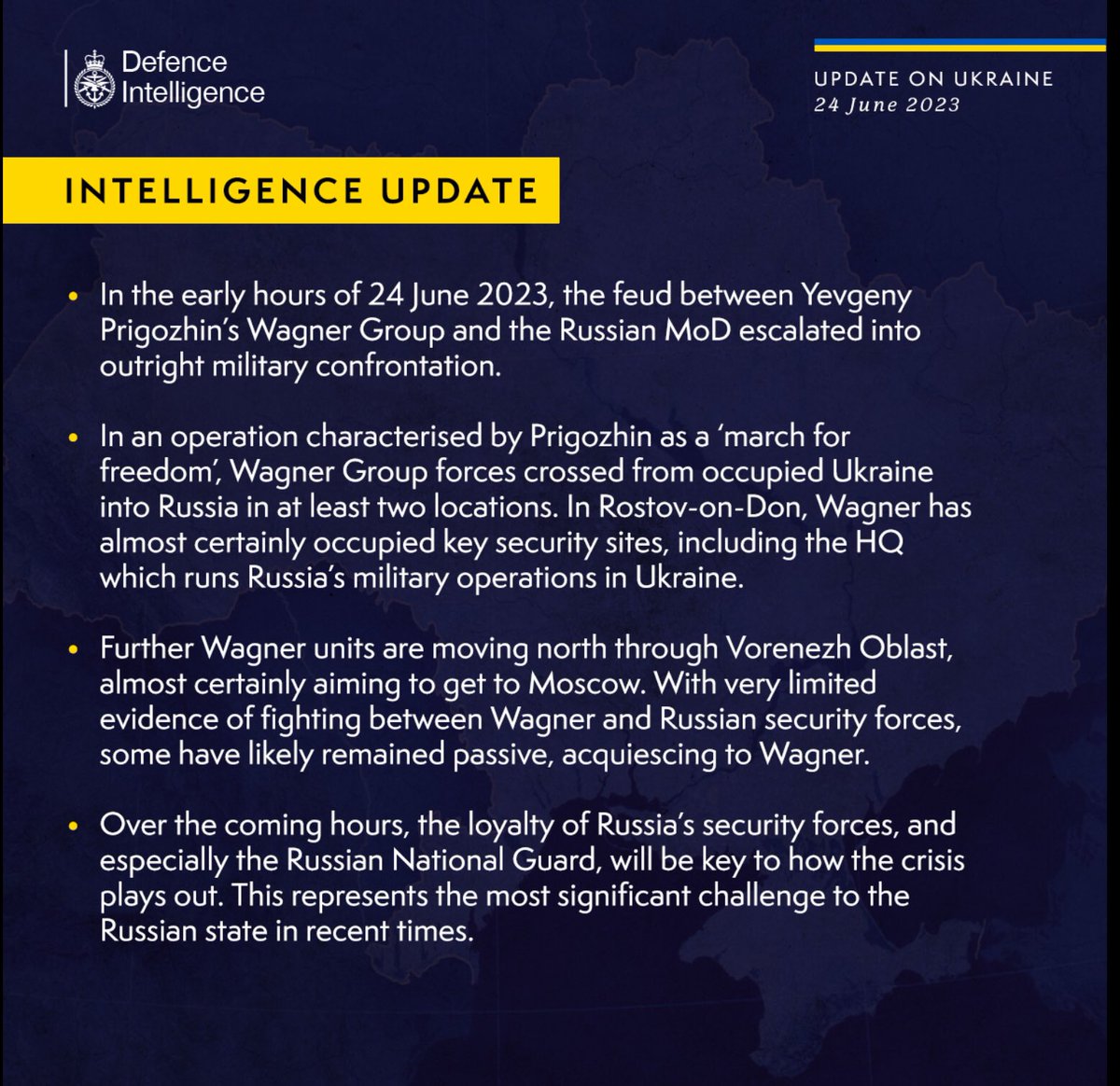 #Coup? - Einschätzung des brit. Verteidigungsministeriums zur Lage in #Putin|s #Russia via <a href="/DefenceHQ/">Ministry of Defence 🇬🇧</a>