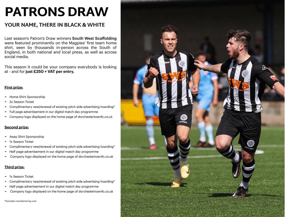 🎫 | 𝗣𝗔𝗧𝗥𝗢𝗡𝗦 𝗗𝗥𝗔𝗪

A wide range of sponsorship opportunities for the 23/24 season including the Patrons Draw!

Get in touch with Lee Loder at lee@dorchestertownfc.co.uk to enter

Check out our full Commercial Brochure 👇

🔗 dorchestertownfc.co.uk/sponsorship

#WeAreDorch ⚫️⚪️