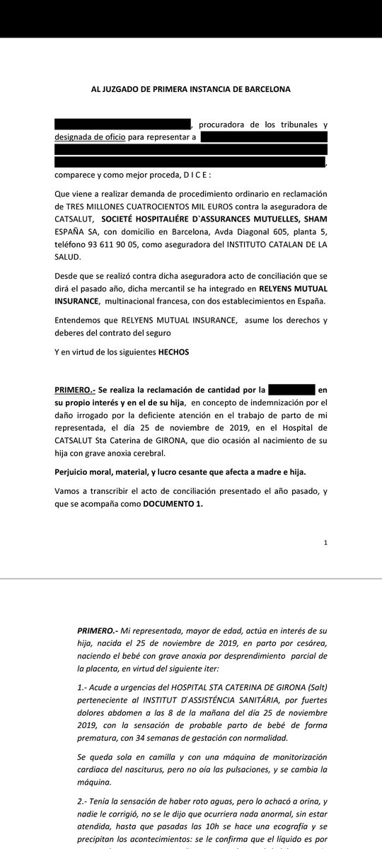 Ayer se presenta esta demanda contra @Relyens_Espana como aseguradora de <a href="/salutcat/">Salut</a> por 3'4 millones euros por las lesiones por  anoxia de bebé en el parto. Hasta tres máquinas de Registro toco grafico le pusieron durante 1:45m hasta una cesárea de urgencia.
<a href="/AntonioRNaranjo/">Antonio Naranjo</a>