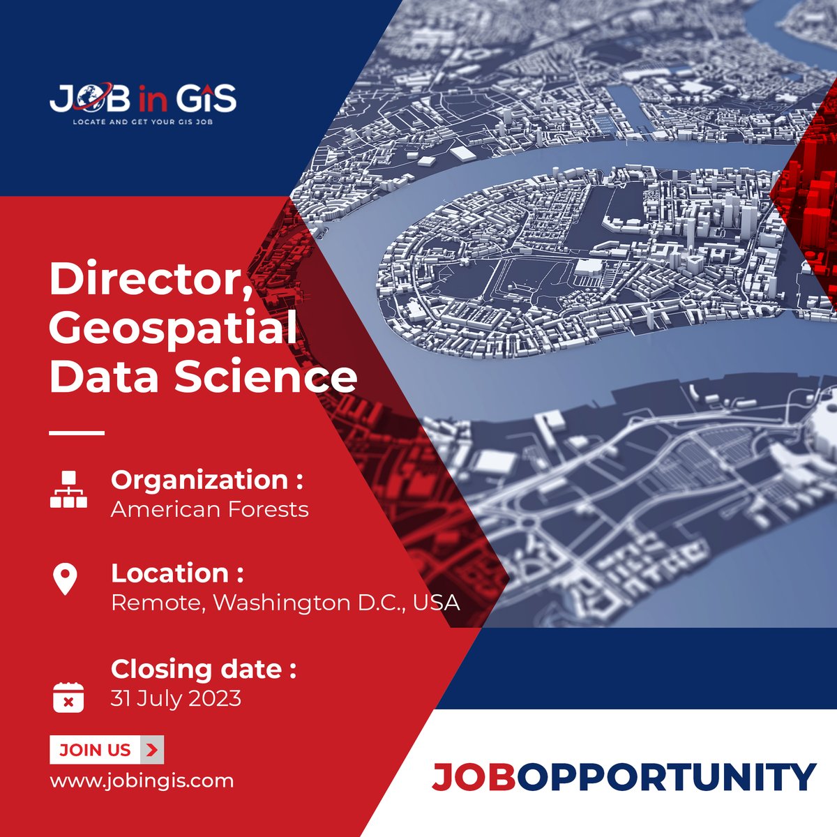 #jobingis : American Forests is hiring a Director, Geospatial Data Science
📍 : #remote #WashingtonDC  #USA 

Apply here 👉 : jobingis.com/jobs/director-…

#Jobs #jobsearch #cartography #Geography #mapping #GIS #geospatial #remotesensing #gisjobs #gischat