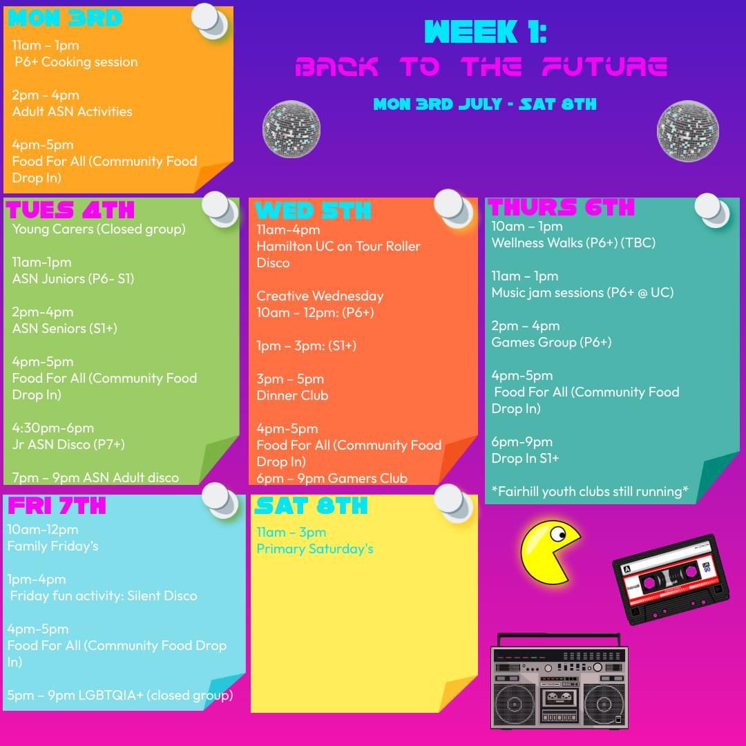 Roisin Gallacher (@roisinsarahgal) on Twitter photo Week 1 of our Summer Programme is here! ☀️
Sign up is from 12pm on Monday ⏰
Everything is absolutely FREE & we can’t wait to meet as many people as possible!
<a href="/resilienceyfcl/">YFCL Resilience Team</a> <a href="/UCHamilton/">Hamilton Universal Connections</a> <a href="/SouthLanCouncil/">South Lanarkshire Council</a> <a href="/SLCEquity/">SLC Equity Team</a> <a href="/SLCAttachment/">Attachment-Informed, Trauma Sensitive SLC</a> <a href="/EducationSLC/">SLC Education - CQIS</a>
#becauseofCLD #itsslc Week 1 of our Summer Programme is here! ☀️
Sign up is from 12pm on Monday ⏰
Everything is absolutely FREE & we can’t wait to meet as many people as possible!
<a href="/resilienceyfcl/">YFCL Resilience Team</a> <a href="/UCHamilton/">Hamilton Universal Connections</a> <a href="/SouthLanCouncil/">South Lanarkshire Council</a> <a href="/SLCEquity/">SLC Equity Team</a> <a href="/SLCAttachment/">Attachment-Informed, Trauma Sensitive SLC</a> <a href="/EducationSLC/">SLC Education - CQIS</a>
#becauseofCLD #itsslc