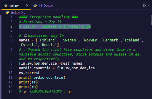 PitterPJC's tweet photo. #### Excepction Handling ###
# Exercises - Day 14
#Day14 - #30DaysOfPythonChallenge https://t.co/HkStzZQc9F