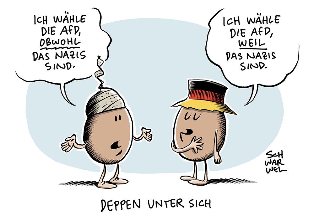 TSchwarwel's tweet photo. „Historisches AfD-Umfragehoch:
Union macht Ampel Vorwürfe, SPD gesteht Fehler ein“
#AfD #rechtsextrem #fcknzs #schwarwel https://t.co/Wh4M3ScBIr