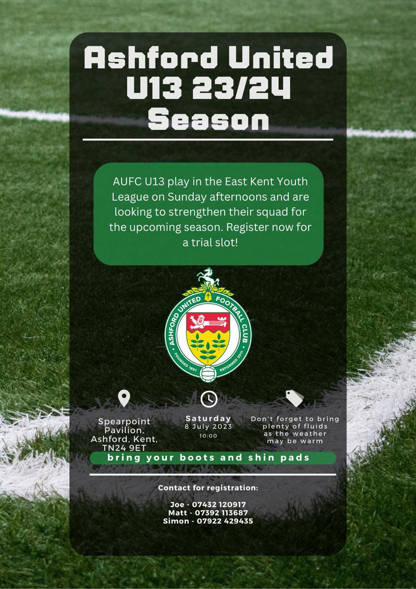 🚨TRIALS🚨
Ashford United U13 EKYL 💚💛
🗓️ July 8th
🏟️ Spearpoint (The Ridge)
☎️ Contact details below
#AUFC #coynab #EKYL #youthfootball