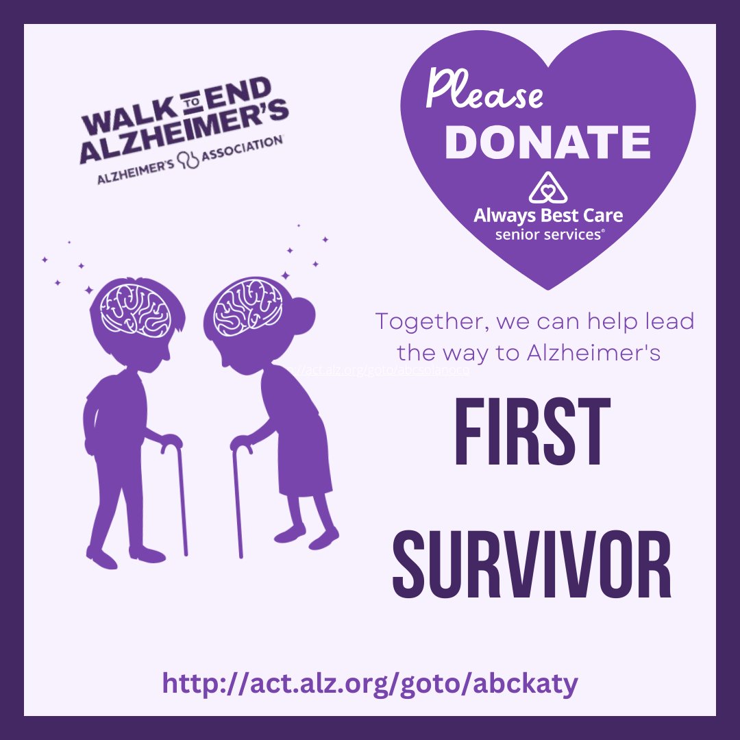 Please make a donation to our team at:
act.alz.org/goto/abckaty

#ENDALZ #AlwaysBestCare #Caregiver #SeniorCare #Katy #FortBend #Houston #Community #Fundraising #Dementia #Alzheimers #PurpleRibbon #AlzheimersDisease #Walk2EndAlz