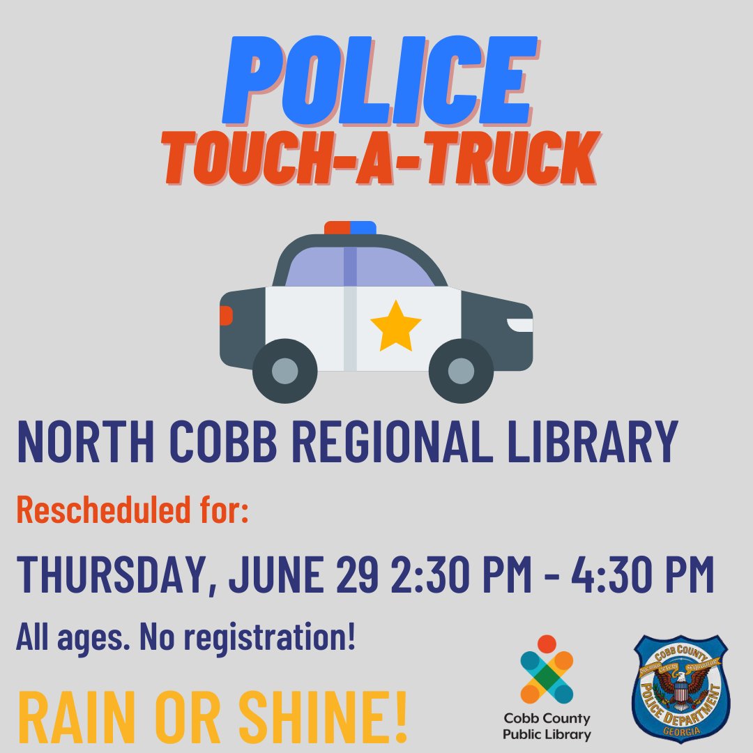 Meet community helpers! Officer Justice will be visiting #NorthCobbLibrary on Thursday, June 29 from 2:30 pm to 4:30 pm. Get an up-close look at his police car and take home some cool swag! All ages. No registration. RAIN or SHINE!
.
#CobbPolice #CobbLibrary