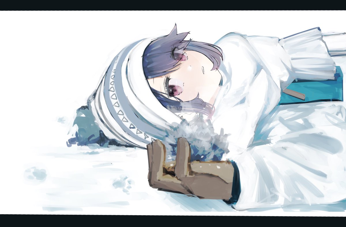 shima rin 1girl solo blue hair hat gloves lying purple eyes  illustration images