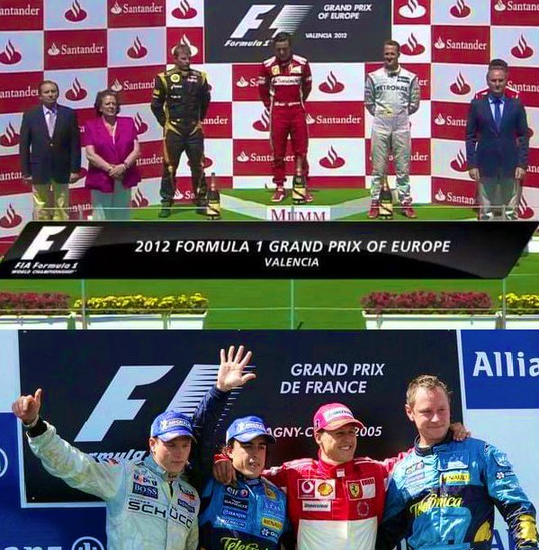 11 sene önce bugün 2012 Avrupa yarışında Michael Schumacher son kez podyuma çıktı. Podyumu paylaştığı pilotlar Alonso ve Raikkonen’di.

Birebir aynı podyum bu yarıştan yedi yıl önce 2005 Fransa yarışında oluşmuştu. Çok duygusaldı. ♥️

Daha iyi podyum var mı bilmiyorum…