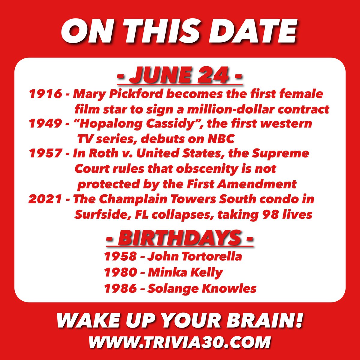 Your OTD trivia for 6/24... Join us for trivia tonight at Dicks Wings, and have a great Saturday! #TRIVIA30 #WakeUpYourBrain #OnThisDay #SirFrancisDrake #California #StatueOfLiberty #NYC #Iceland #Denmark #juneteenth2022 #Juneteenth #MLK #ToryBurch #VenusWilliams #KendrickLamar
