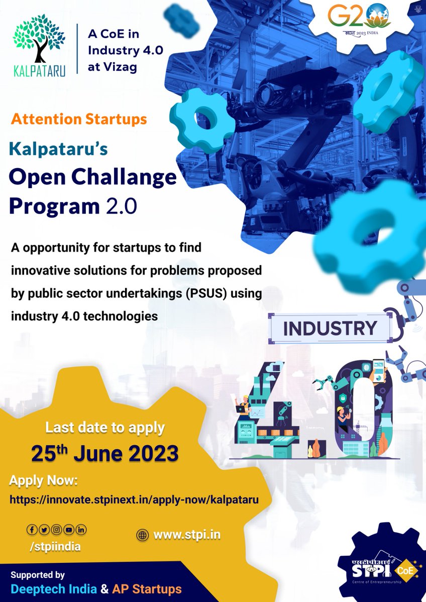 Attention #Startups
Kalpataru’s #OCP2.0 is here to Identify, recognize &amp; reward aspiring Early-stage #Tech #Entrepreneurs and Startups for finding #innovative #solutions to the problems in #PSUs using #industry4.0 
Register at: bit.ly/kalpataruocp
 <a href="/stpiindia/">STPI</a> <a href="/stpinext/">STPINEXT</a>