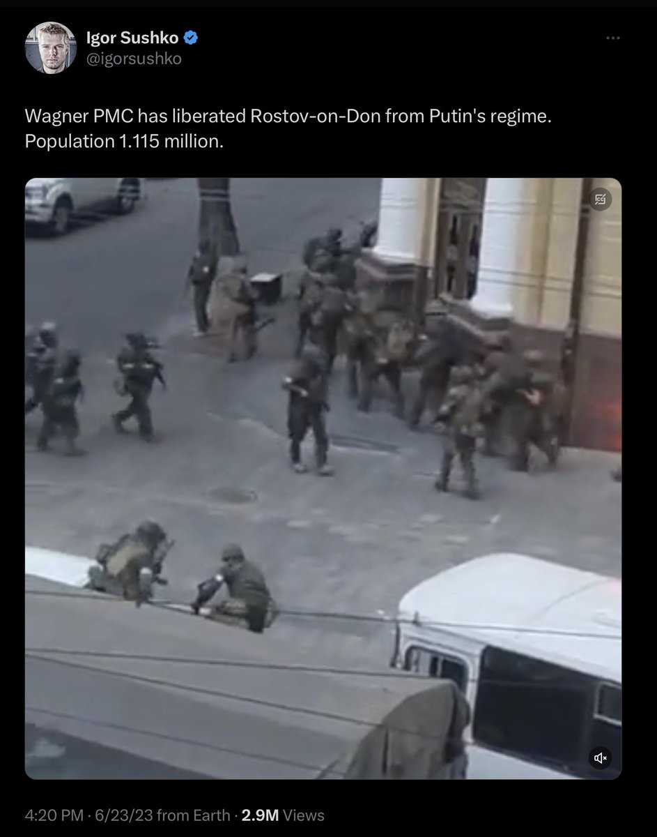 Then: “Sure, Azov may have a FEW bad apples, but Wagner is FULL of Nazi who do Nazi things!”

Now: “The Wagner Freedom Fighters are LIBERATING Russia from Putin!”