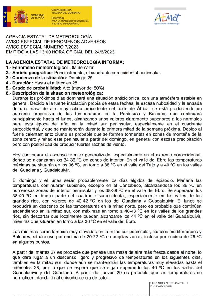 AEMET_Esp's tweet photo. ⚠️ Actualización de nuestro aviso especial por #OlaDeCalor 
👉 Temperaturas muy altas hasta el miércoles, sobre todo en el suroeste peninsular. 
👉 Localmente, podrían alcanzarse los 44 °C y no bajarse de los 25 °C https://t.co/VbeAwW5DNl