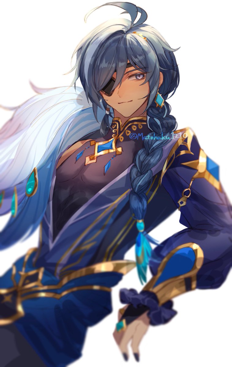 kaeya (genshin impact) 1boy male focus blue hair eyepatch dark-skinned male jewelry solo  illustration images