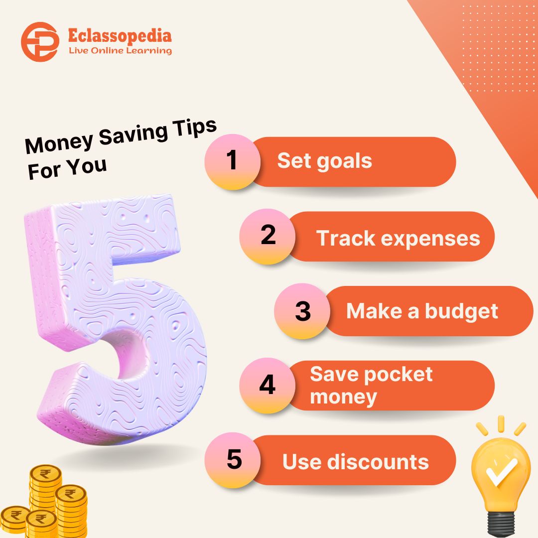 💰 Here are 8 money-saving tips for you: set goals, track expenses, avoid impulse buys, make a budget, save pocket money, delay gratification, use discounts, and learn about investments. 

#SmartSavings #FinancialLiteracy #MoneyMatters