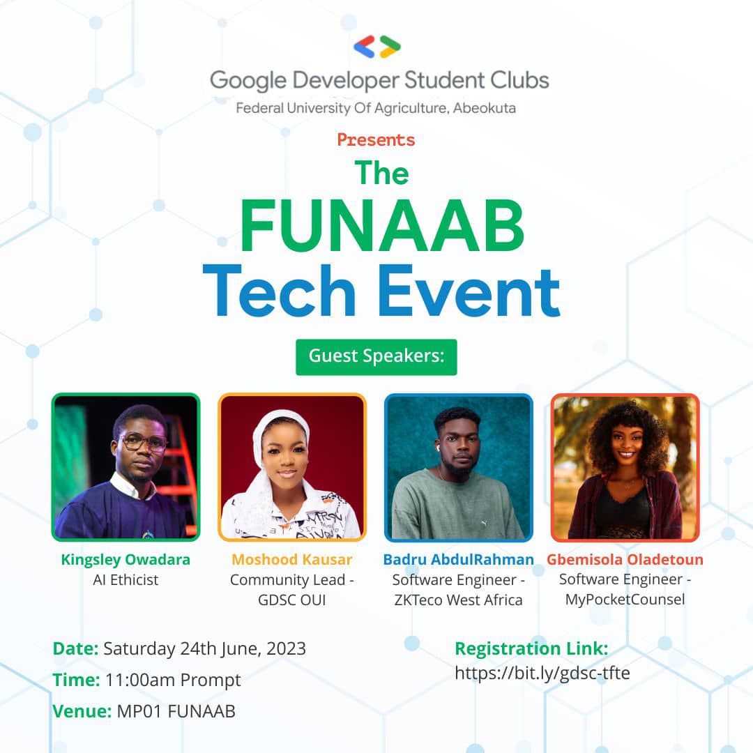 The D-day is here: The FUNAAB Tech Event.

Saturday, 24th of June, 2023, at MP01 Hall, FUNAAB! ⏰ 11am.

There will be also opportunities to network and meet and learn from other industry professionals.

 Don't miss out! 🚀

Let's ignite the future together! 🔥✨ #FUNAABTechEvent