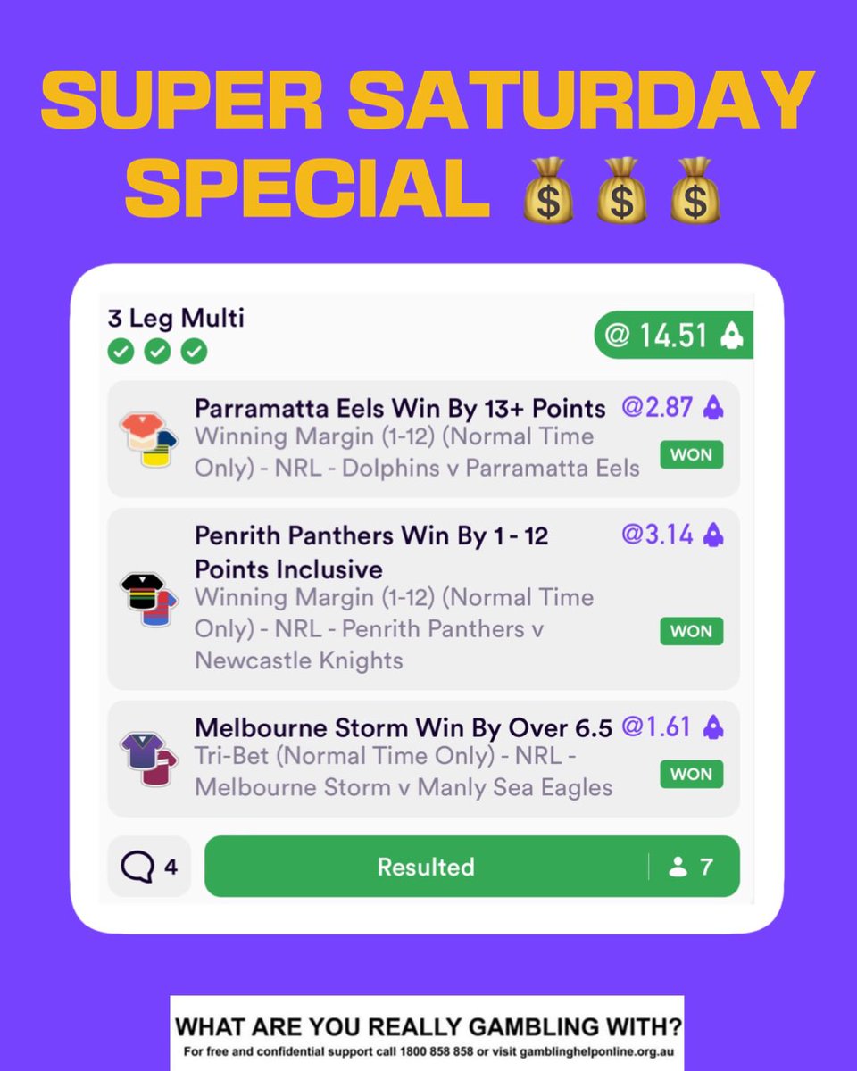 SUPER SATURDAY SPECIAL SALUTES 🏉

Perfect clean sweep 🧹 ✅✅✅

Join us for free NRL tips: tinyurl.com/329yce2t

#SuperSaturday #BigWin #Winner #NRL #NRLDolphinsEels #NRLPanthersKnights #NRLStormManly #Dabble