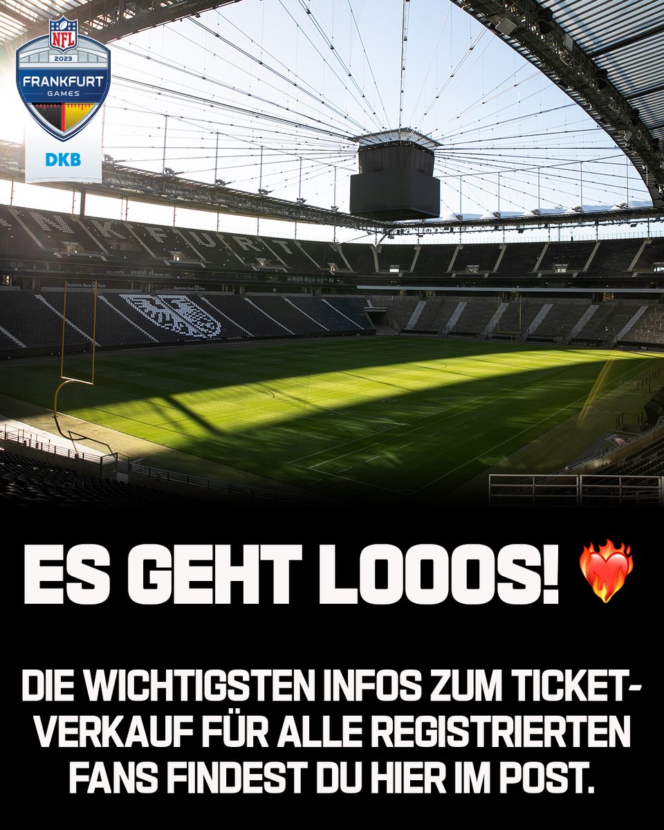 NFLDeutschland's tweet photo. Am Dienstag, 27. Juni um 12 Uhr gehen die Tickets zum ersten der beiden NFL Frankfurt Games 2023, Dolphins vs. Chiefs, für die registrierten Fans in den Verkauf. 🎟

▶️ Alle registrierten Personen erhalten am Montag, 26. Juni per Maileinen Code und einen Link. https://t.co/GSzl5yk2Nl