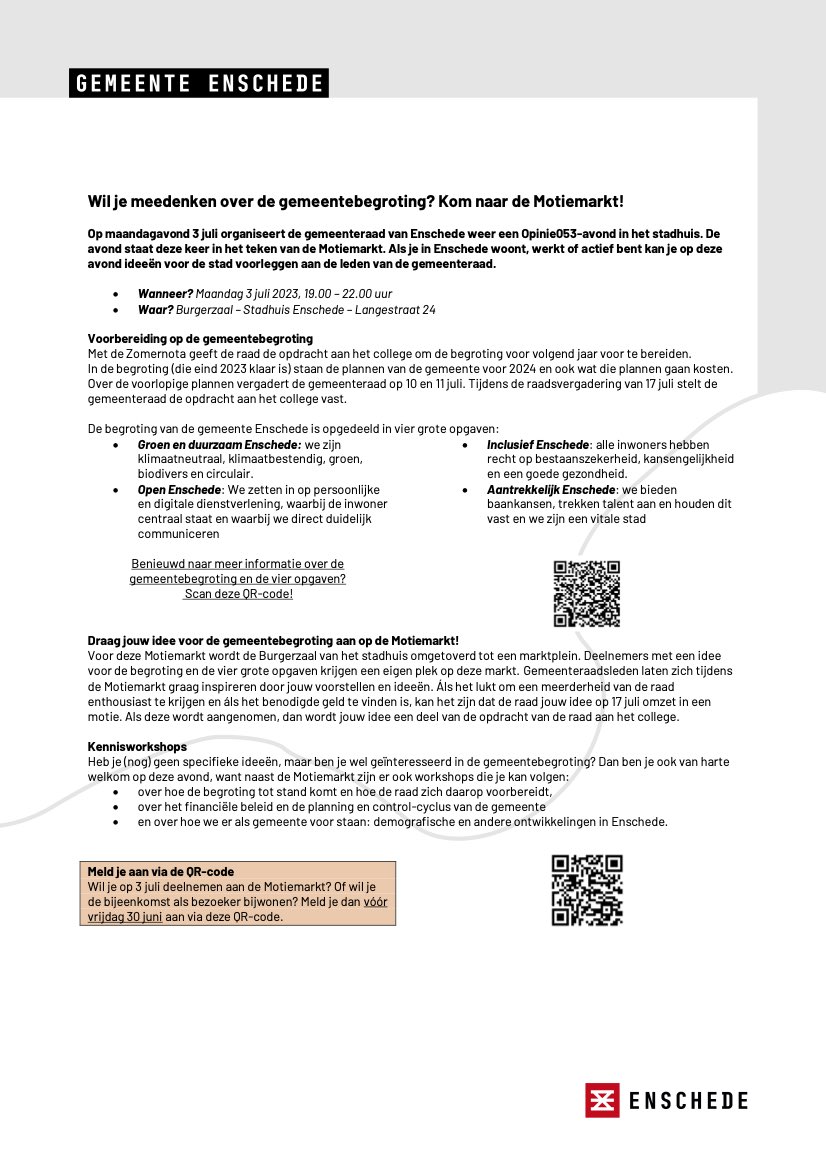 Meedenken over de gemeentebegroting? Kom op 3 juli naar de Motiemarkt!

Als je in #Enschede woont, werkt of actief bent kan je op deze avond ideeën voor de stad voorleggen aan de leden van de gemeenteraad.

Kijk voor informatie en aanmelden hieronder of op forms.office.com/e/1k80FQcmpp