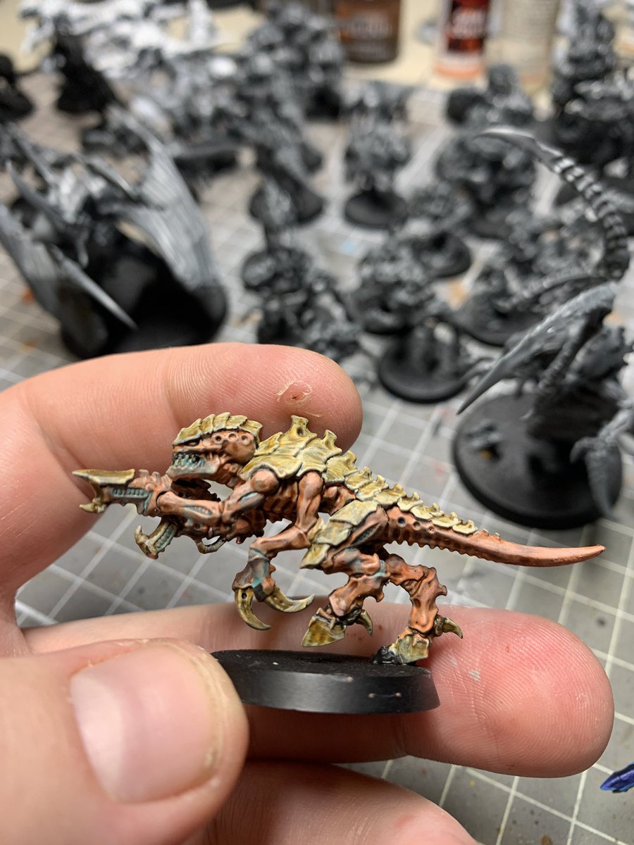 BionicSoup's tweet image. Built up the tyranid leviathan half today, and did a couple of test models. Painted one termagant in my old tyranid style, and tried up another flesh and boney more creepy style that I think I might do as a new project. #WarhammerCommunity #warhammer40k #Leviathan #tyranid