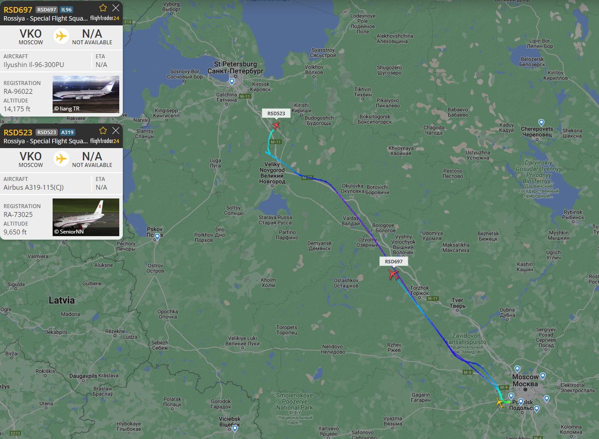 A pair of Russian government VIP jets (RA-96022, Il-96-300PU and RA-73025, A319-115(CJ)) are leaving Moscow Vnukovo International Airport, most likely evacuating to St. Petersburg Pulkovo Airport.