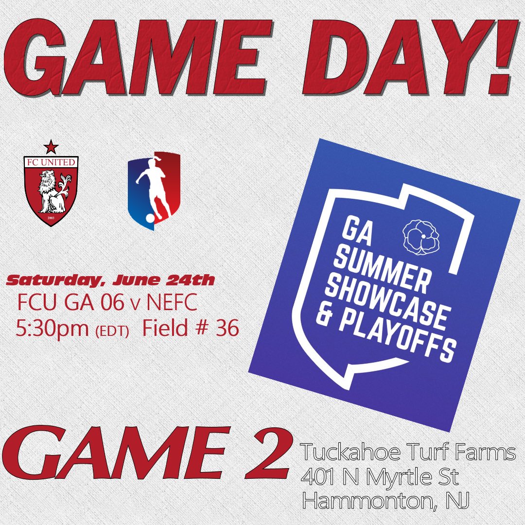 Our game 2 kicks off today at 5:30 (EDT) vs NEFC! 

It should be a good one!

#GASummer 

<a href="/ChicagoFCUnited/">Chicago FC United</a> 
<a href="/GAcademyLeague/">Girls Academy</a> 
<a href="/ImYouthSoccer/">ECNL/GA/Recruiting/College Soccer</a> 
<a href="/TopDrawerSoccer/">TopDrawerSoccer</a> 
<a href="/PrepSoccer/">Prep Soccer ⚽️</a> 
<a href="/TheSoccerWire/">SoccerWire</a>