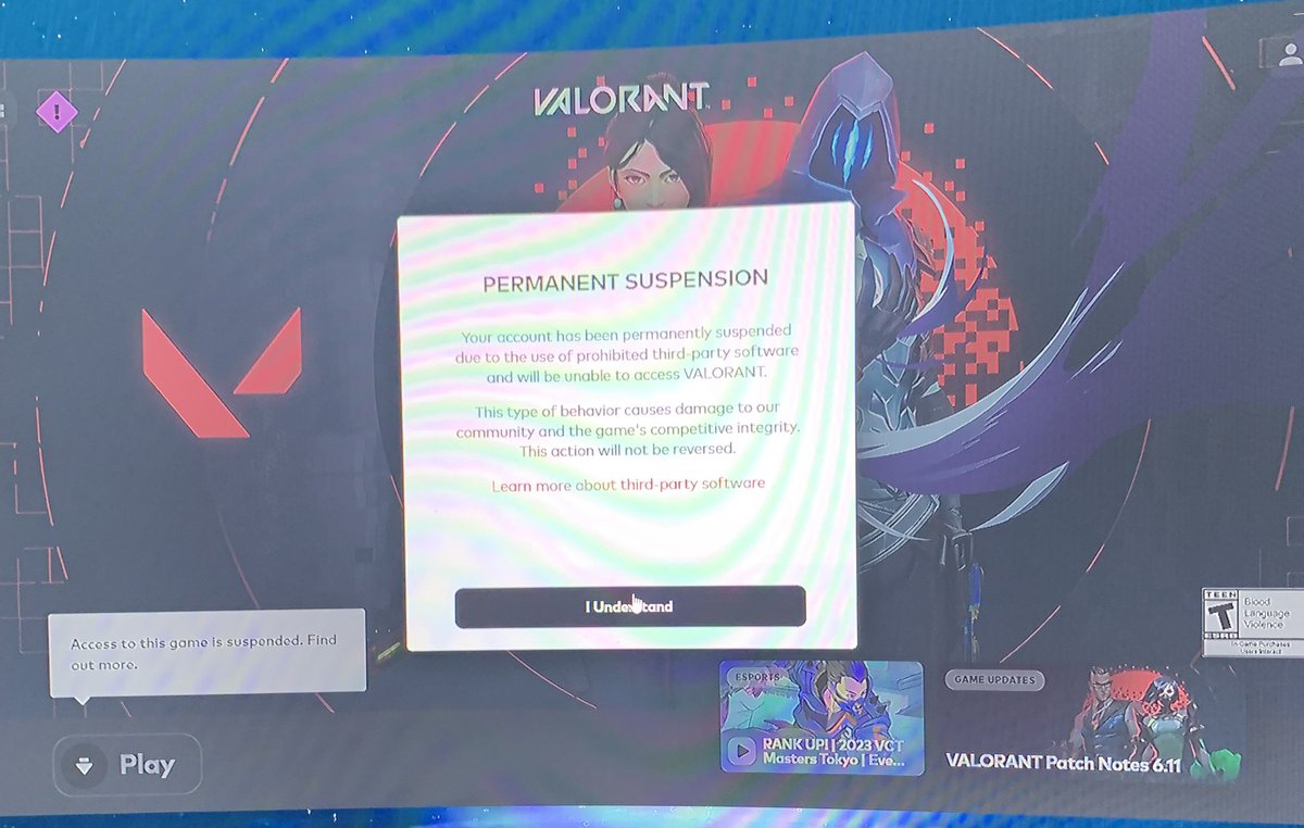 Shoutout to <a href="/riotgames/">Riot Games</a> <a href="/PlayVALORANT/">VALORANT</a> for the suspension of my account for absolutely no reason. Took my money and ran.