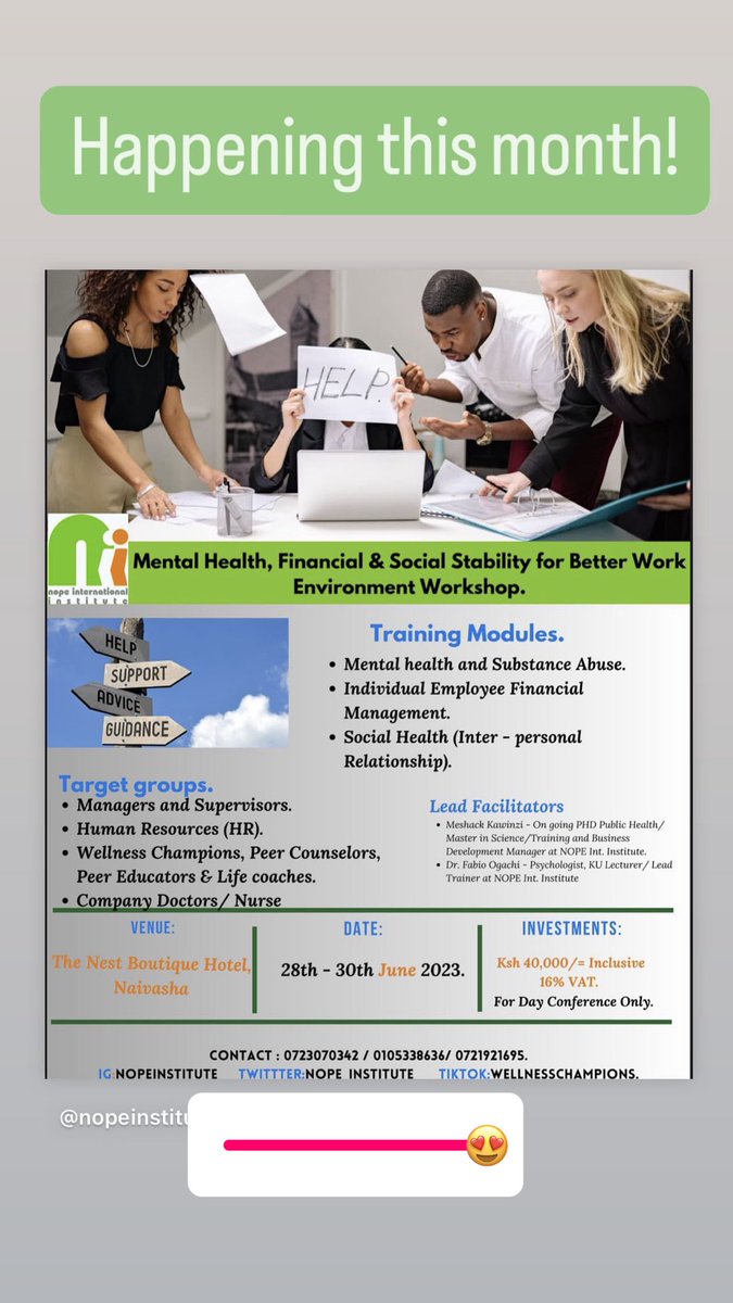 nope_institute's tweet image. Will you / your companys’ employees be joining us @NestBoutique in Naivasha this coming week for training ?
Contact us for more.