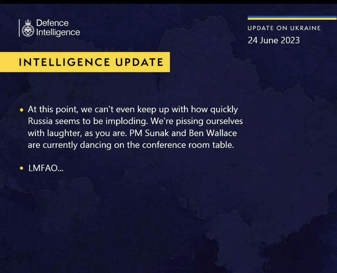 micaelaanna07's tweet photo. Intelligence 🇬🇧:”A questo punto, non riusciamo nemmeno a tenere il passo con quanto velocemente la Russia sembra implodere. Ci stiamo incazzando dalle risate, come te. Il primo ministro Sunak e Ben Wallace stanno attualmente ballando sul tavolo della sala conferenze.” https://t.co/f0XEIUYMpt