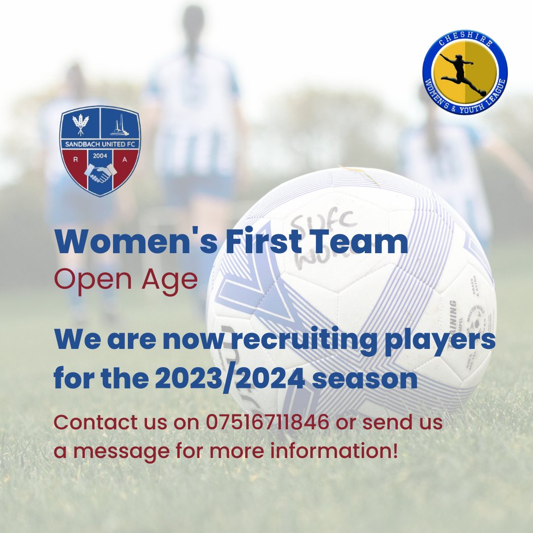 ⚽ We are now officially recruiting players ready to sign for the 2023/2024 season ⚽

Thanks to everyone who has been to our open sessions! Pre-season training starts Wednesday from 8pm 💪🏻

Contact Claire on 07516711846 for more information. #sandbach