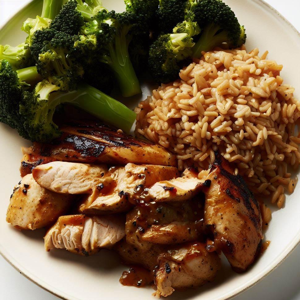 Marinated chicken, broccolini & brown rice: a healthy and delicious meal. #chicken #dinner #healthy
