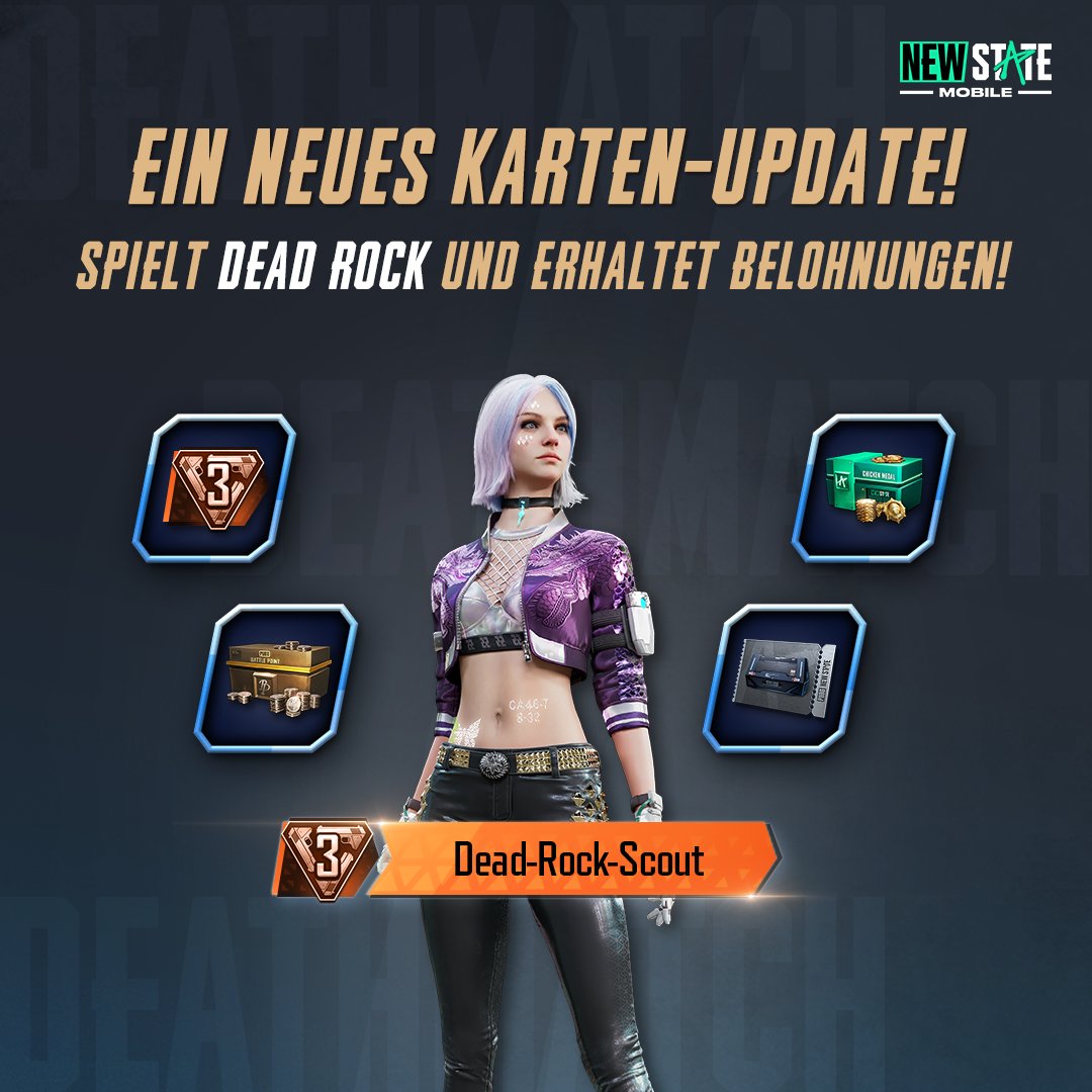 DE_NEWSTATE's tweet photo. Taucht ein in das neue RDM und versucht, als letztes Team zu überleben, um den Titel "Dead Rock Scout" zu erhalten! 🏆 Beginnt jetzt zu spielen und holt euch jede Menge Belohnungen in #DEADROCK! 💥

#NEWSTATEMOBILE #ROUNDDEATHMATCH https://t.co/5jlV8wmR12