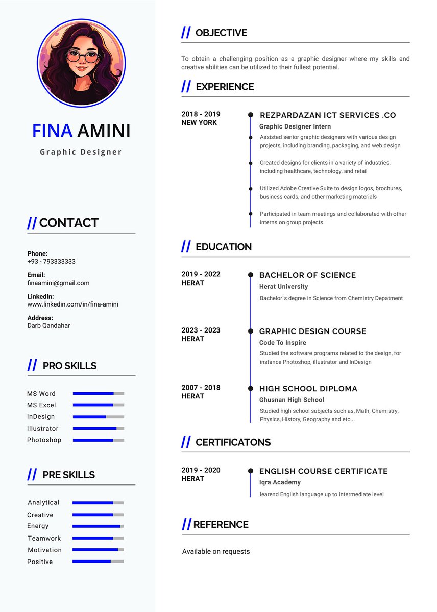 Fina Amini (@finaamini) on Twitter photo Homework of Illustrator program👩💻
(CV, Resume)
<a href="/CodeToInspire/">Code to Inspire</a>
<a href="/f_forough/">Fereshteh Forough</a>
<a href="/Farahnaz786Art/">Farahnaz Osmani</a>
#AfghanGirlsDesign
#AfghanGirlsCode
<a href="/Illustrator/">Adobe Illustrator</a> Homework of Illustrator program👩💻
(CV, Resume)
<a href="/CodeToInspire/">Code to Inspire</a>
<a href="/f_forough/">Fereshteh Forough</a>
<a href="/Farahnaz786Art/">Farahnaz Osmani</a>
#AfghanGirlsDesign
#AfghanGirlsCode
<a href="/Illustrator/">Adobe Illustrator</a>