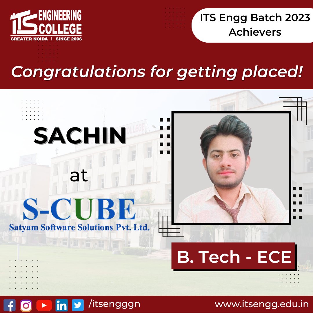 ITSEngggn's tweet image. Congratulations! 🌟
It is a pleasure to announce that a student of the #BtechECE 2023 - SACHIN, has been successfully placed in &quot;SATYAM SOFTWARE SOLUTIONS PVT LTD&quot;. ITS Engineering College offers their heartiest #Congratulations for their achievement.
#ITSEC #itseng #jobPlacement