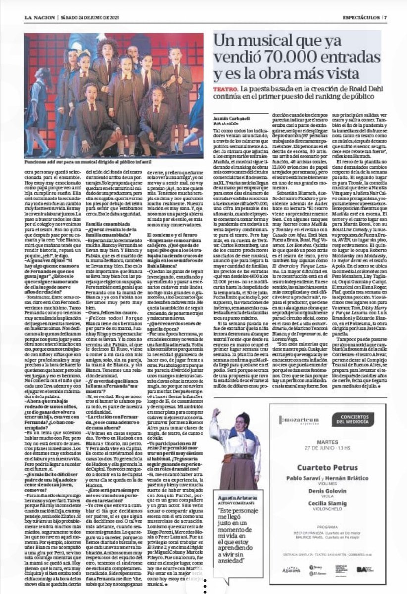 Para todos los gustos. Mi entrevista a <a href="/Soy_Rada/">Agustín Aristarán</a> (por su gran labor y asombrosa transformación en el musical “Matilda”), publicada oportunamente en <a href="/LANACION/">LA NACION</a> , hoy también en la edición en papel del diario. Que la disfruten. <a href="/Soyprensa1/">Soyprensa</a> <a href="/multiteatro/">Multiteatro</a> <a href="/Ozonoprod/">Ozono Producciones</a> <a href="/teatrogranrex/">Teatro Gran Rex</a>