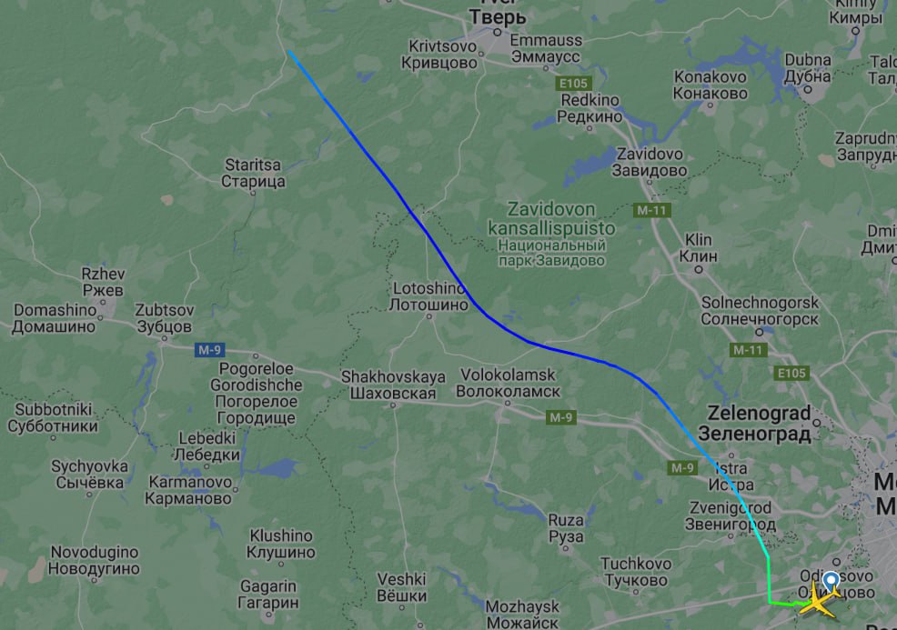 nexta_tv's tweet photo. ❗️ Putin's plane took off from Moscow and disappeared from radar

#Putin's special Il96-300PU (Point of Control) plane took off from #Moscow toward St. Petersburg at 14:16 Moscow time, FlightRadar data shows. The flight's destination was not specified, and it disappeared from the tracking system near Tver. One of Putin's residences is in the Tver region. 

The aircraft is equipped to control the Armed Forces.