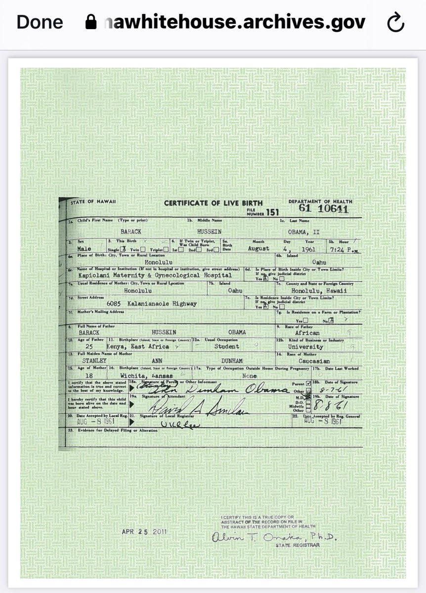 Birth Certificate of Barack Hussein Obama