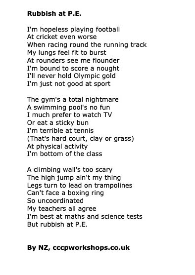 New #Poem - 'Rubbish at P.E.'

#librarytwitter #edutwitter #teachers #teachertwitter  #poetry #poetrylovers #poetrytwitter #WritingCommunity #POEMS #poetrycommunity #PoemADay #sport