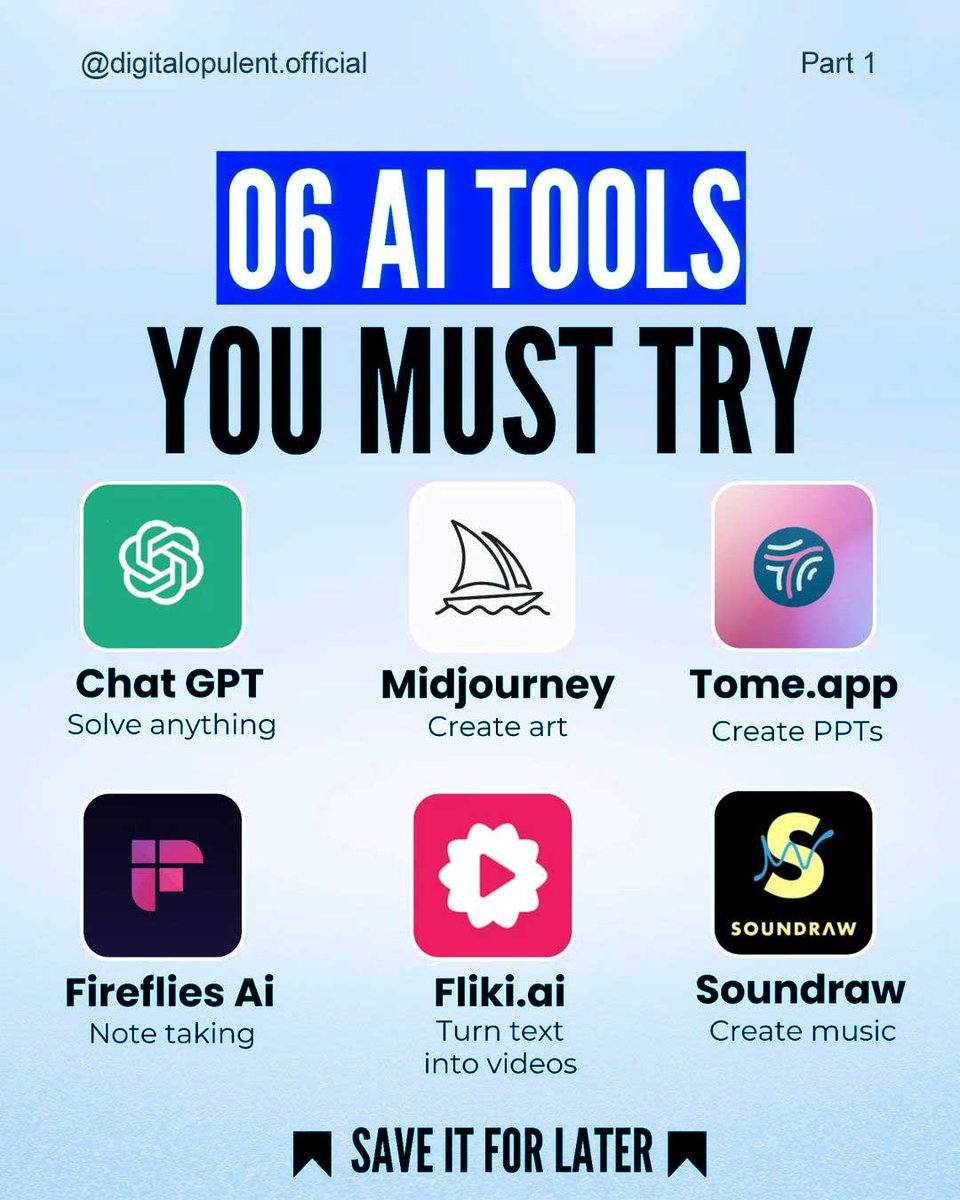 Unleash the power of AI with these 6 game-changing tools!
.
.
.
Try out these incredible tools and witness the transformative power of artificial intelligence.
.
.
#AITools #ProductivityBoost #EmbraceAI #TechRevolution #UnlockThePotential #digitalopulent #digitalmarketingagency