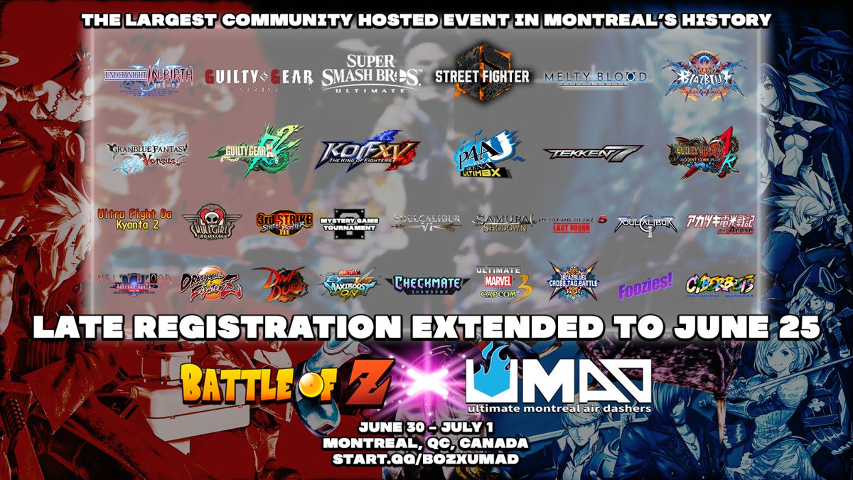 TOMORROW (June 25th) IS YOUR LAST CHANCE TO PRE-REGISTER for #SF6 , #SSBU & #GGSTRIVE as there will be NO ON-SITE REGISTRATION for them.

>> Start.gg/bozxumad <<

🏨 hotel: HotelReg.com/2306BattleZUMAD

#BOZxUMAD #MTL #FGC