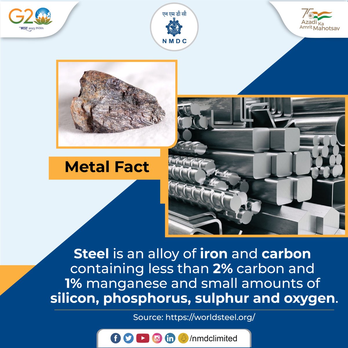 Its availability, strength, versatility, ductility, and recyclability makes Steel the future of infrastructure. NMDC is committed to meet the growing demand of Steel. 

#MetalFact #SteelFact
#IspatiIrada